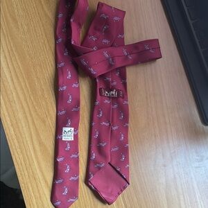 Hermes Red Silk Tie with Geometric Pattern